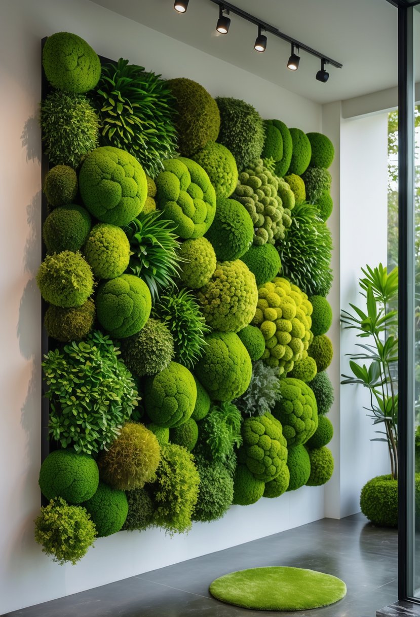 A wall covered entirely with a lush living moss art display in a modern indoor space.
