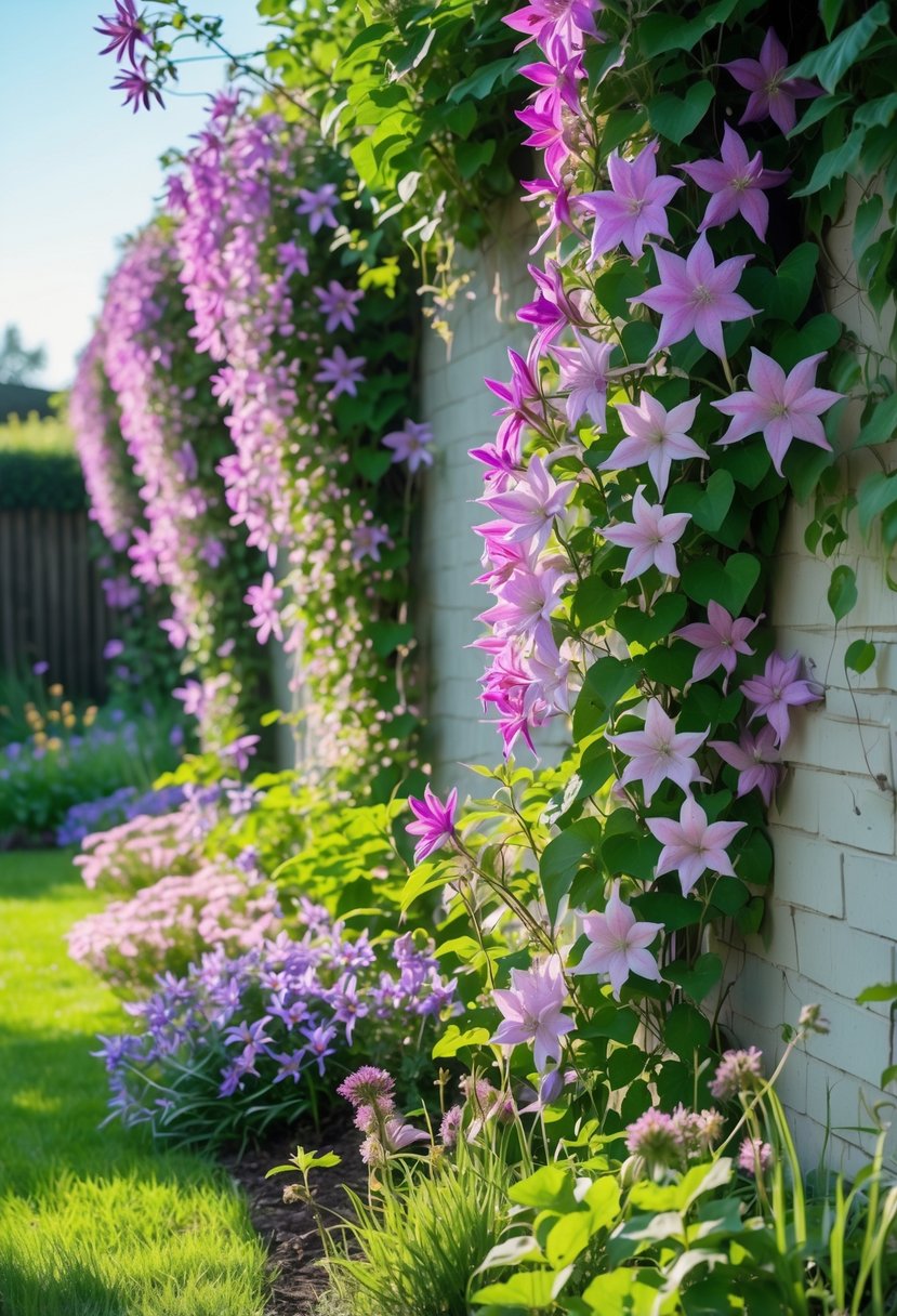 A garden wall covered with colorful clematis vines in full bloom surrounded by green plants and grass.
