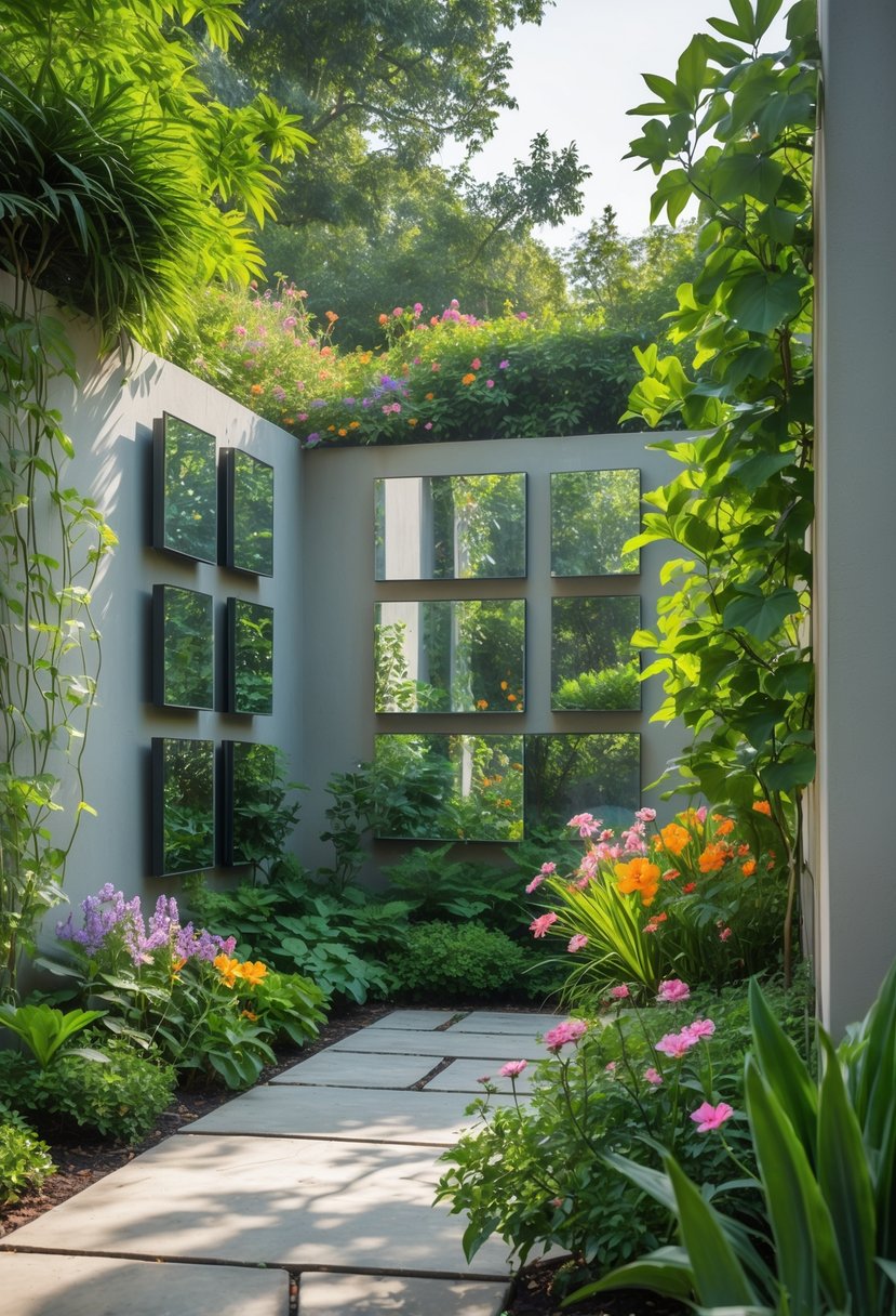 A garden with weatherproof mirrors mounted on a wall reflecting plants and flowers, surrounded by greenery and stone pathways.