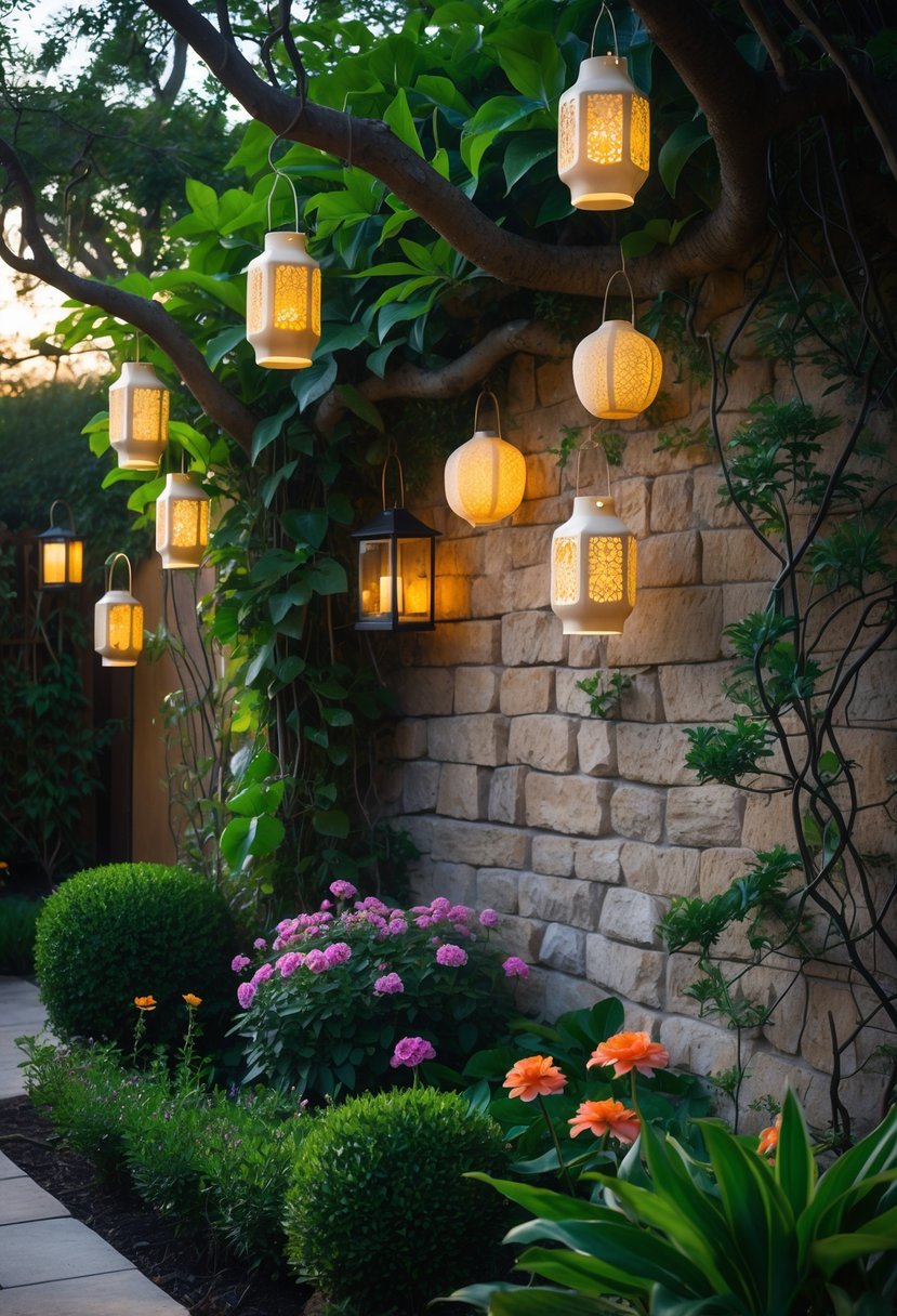 A garden with decorative lanterns hanging among plants that partially cover a stone wall.