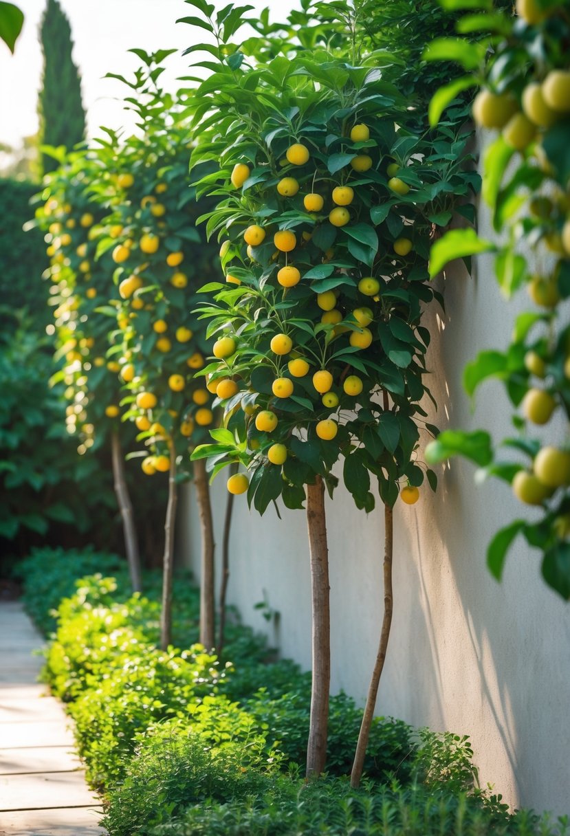 A row of espalier fruit trees with green leaves and small fruits growing against a wall in a garden.
