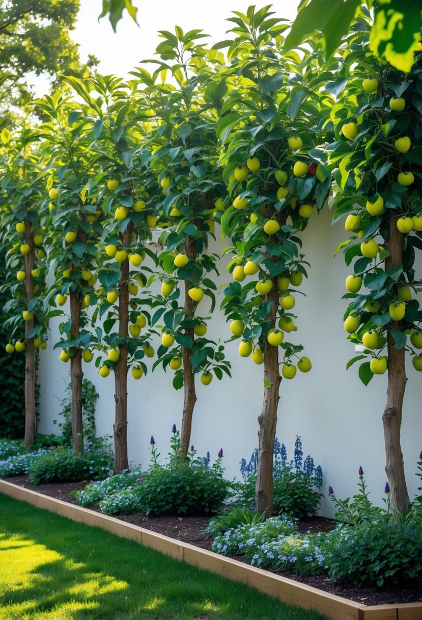 A garden with espaliered fruit trees covering a wall, surrounded by green grass and flowering plants.