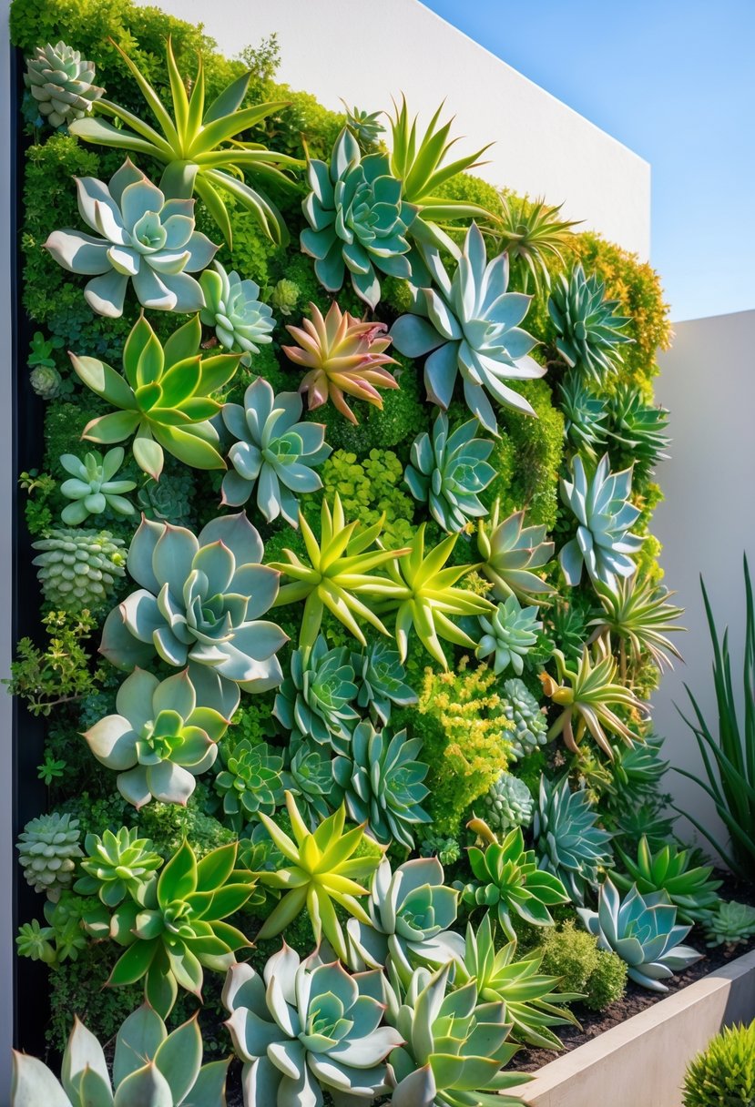 A garden with a dense living wall covered in various green succulents hiding a plain wall.