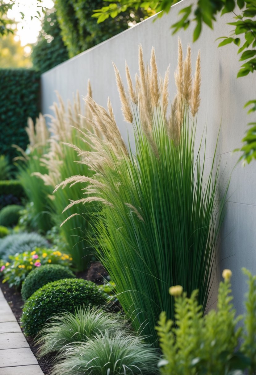 Tall green ornamental grasses growing near a garden wall, partially hiding the wall in a lush outdoor garden.