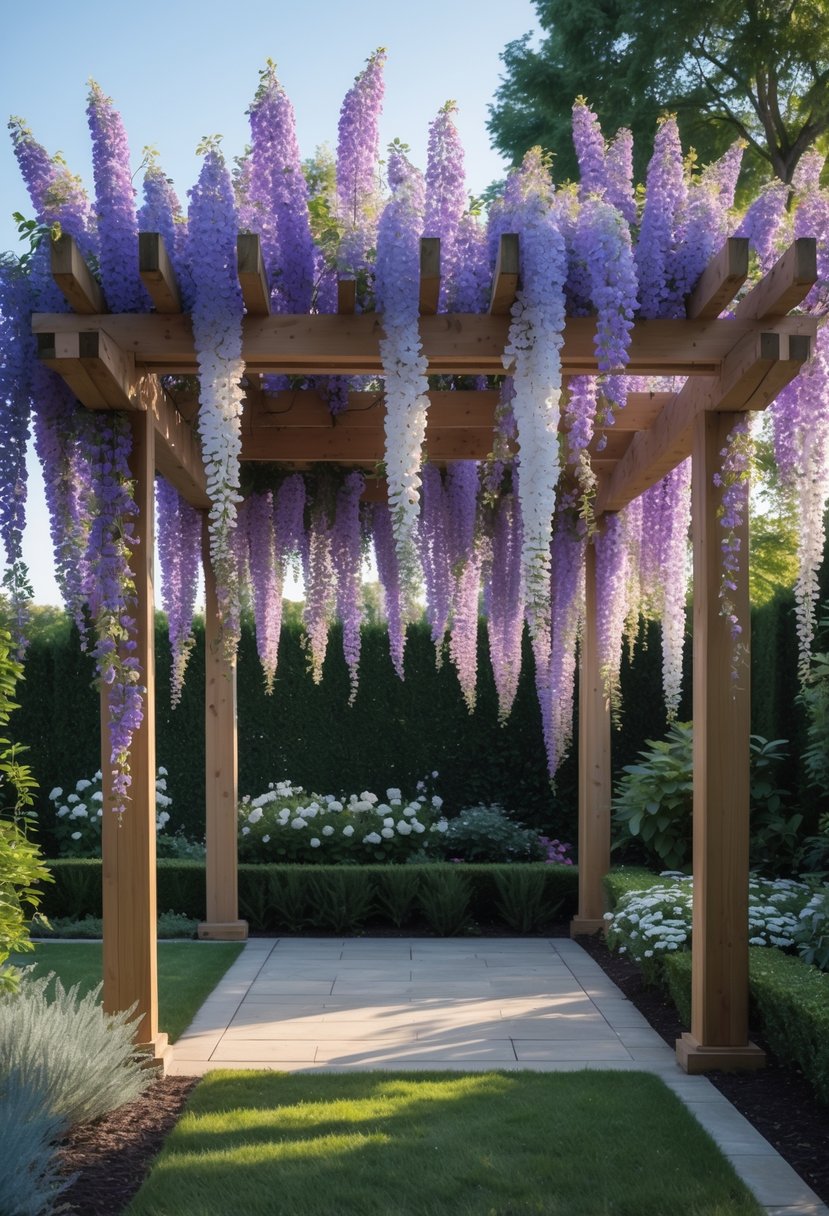 A wooden pergola covered with blooming wisteria vines in a garden, hiding a wall behind it.