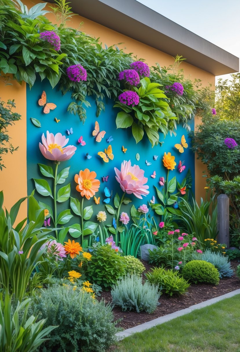 A colorful mural of flowers and garden elements painted on a wall surrounded by a lush garden with various plants and flowers.
