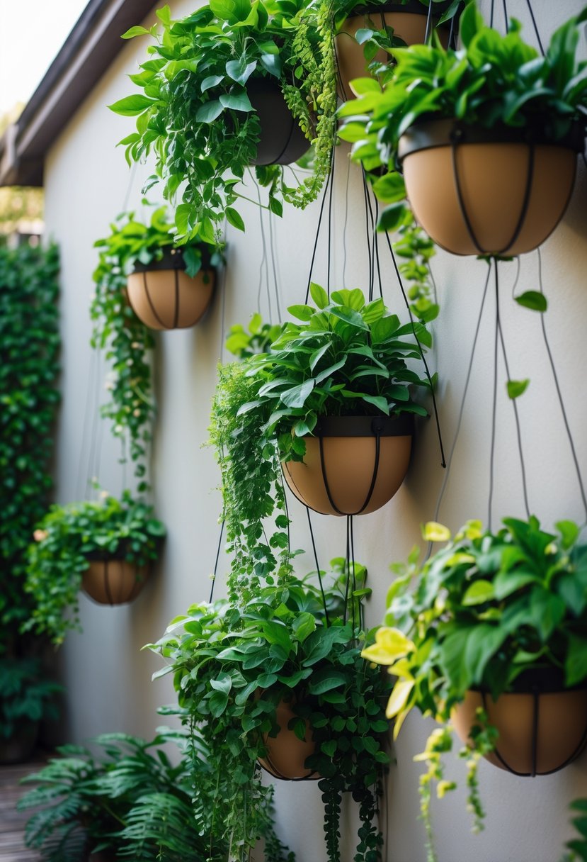 A garden wall covered and hidden by hanging planters with trailing green plants.
