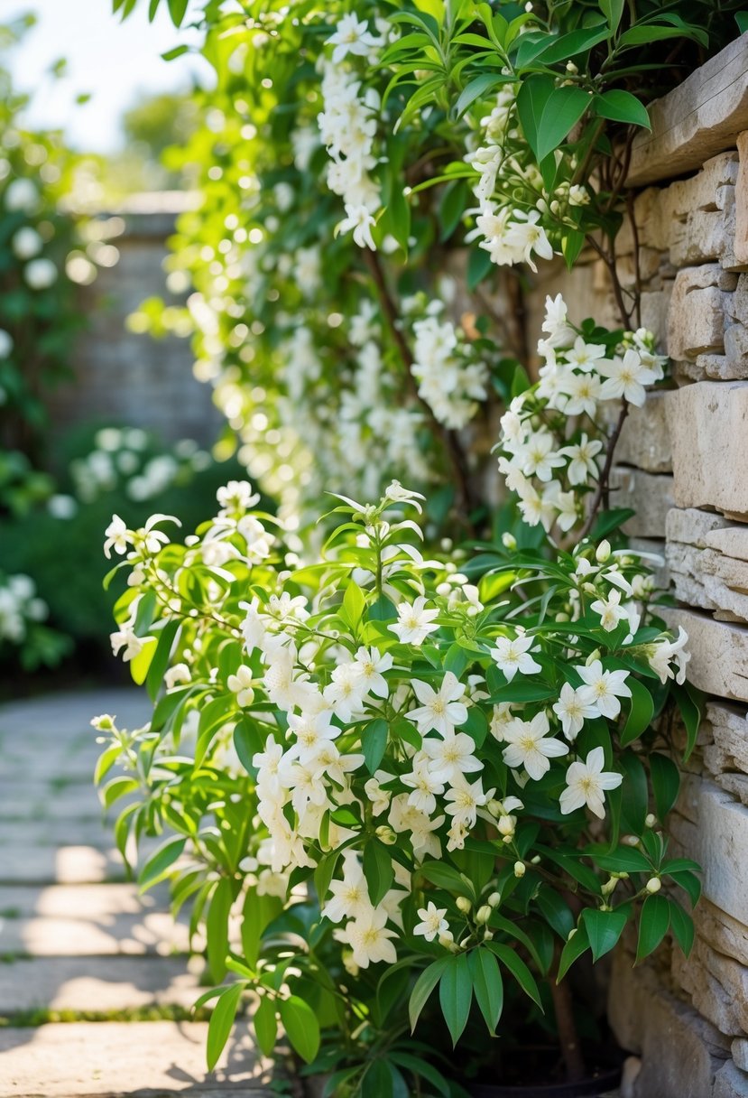 A garden with blooming jasmine plants covering a wall, surrounded by green foliage.