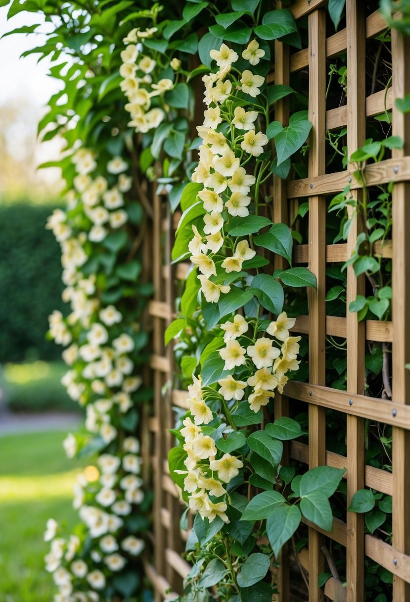 A wooden lattice covered with blooming honeysuckle vines hiding a wall in a garden.