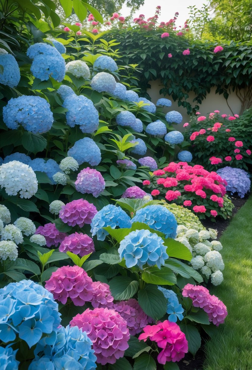 A garden with dense clusters of hydrangeas and azaleas hiding a wall behind them.