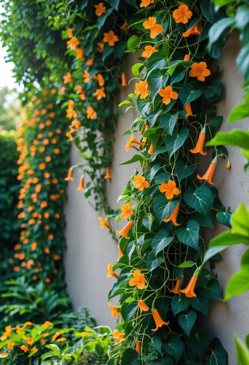 A garden wall covered and hidden by dense green trumpet vine plants with bright orange trumpet-shaped flowers.