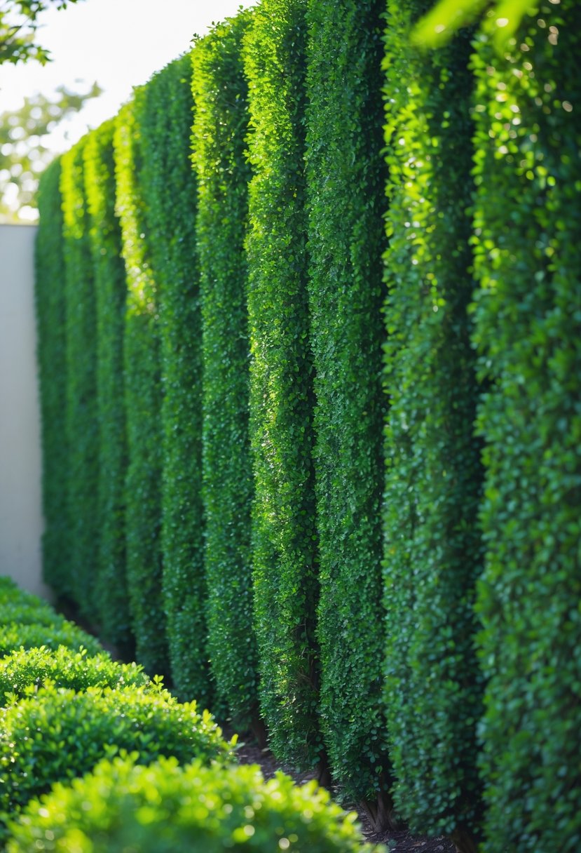 A row of neatly trimmed green boxwood hedges in a garden hiding a plain wall behind them.