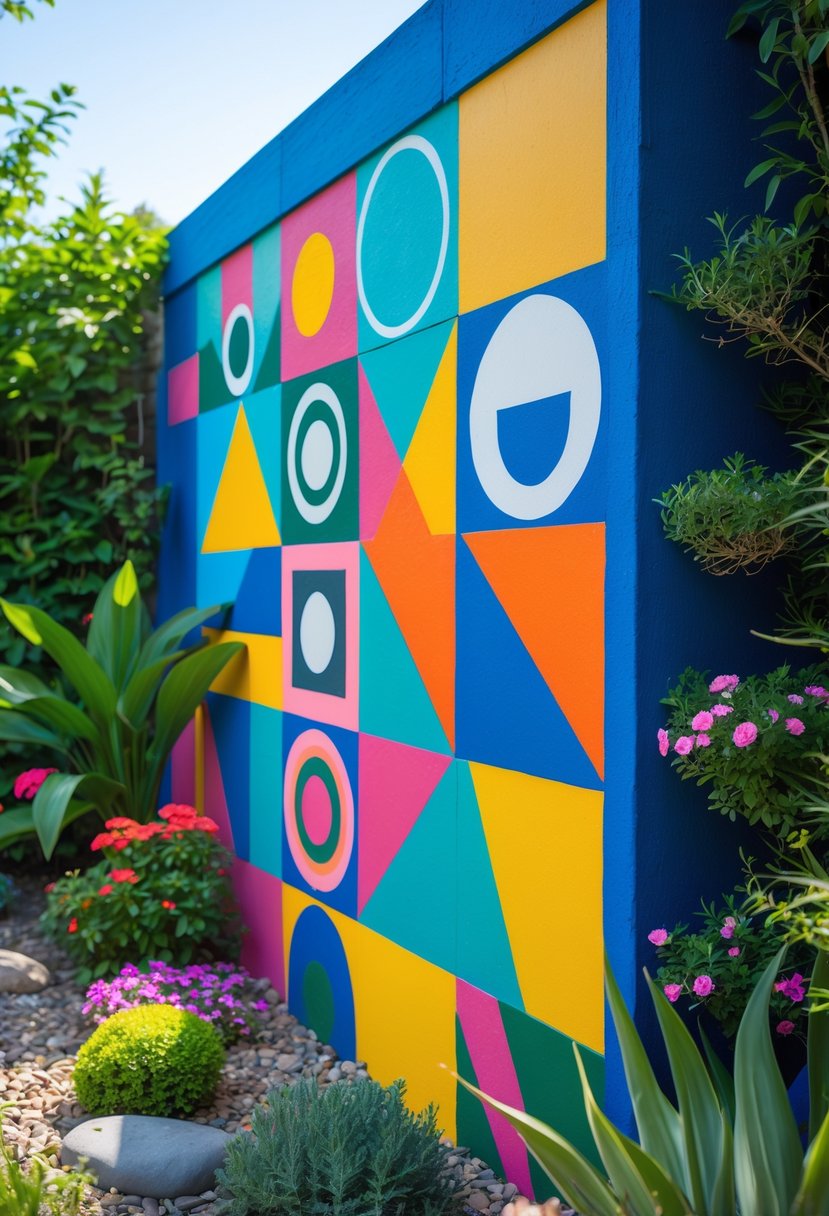 A garden wall covered with colorful geometric patterns surrounded by green plants and flowers.