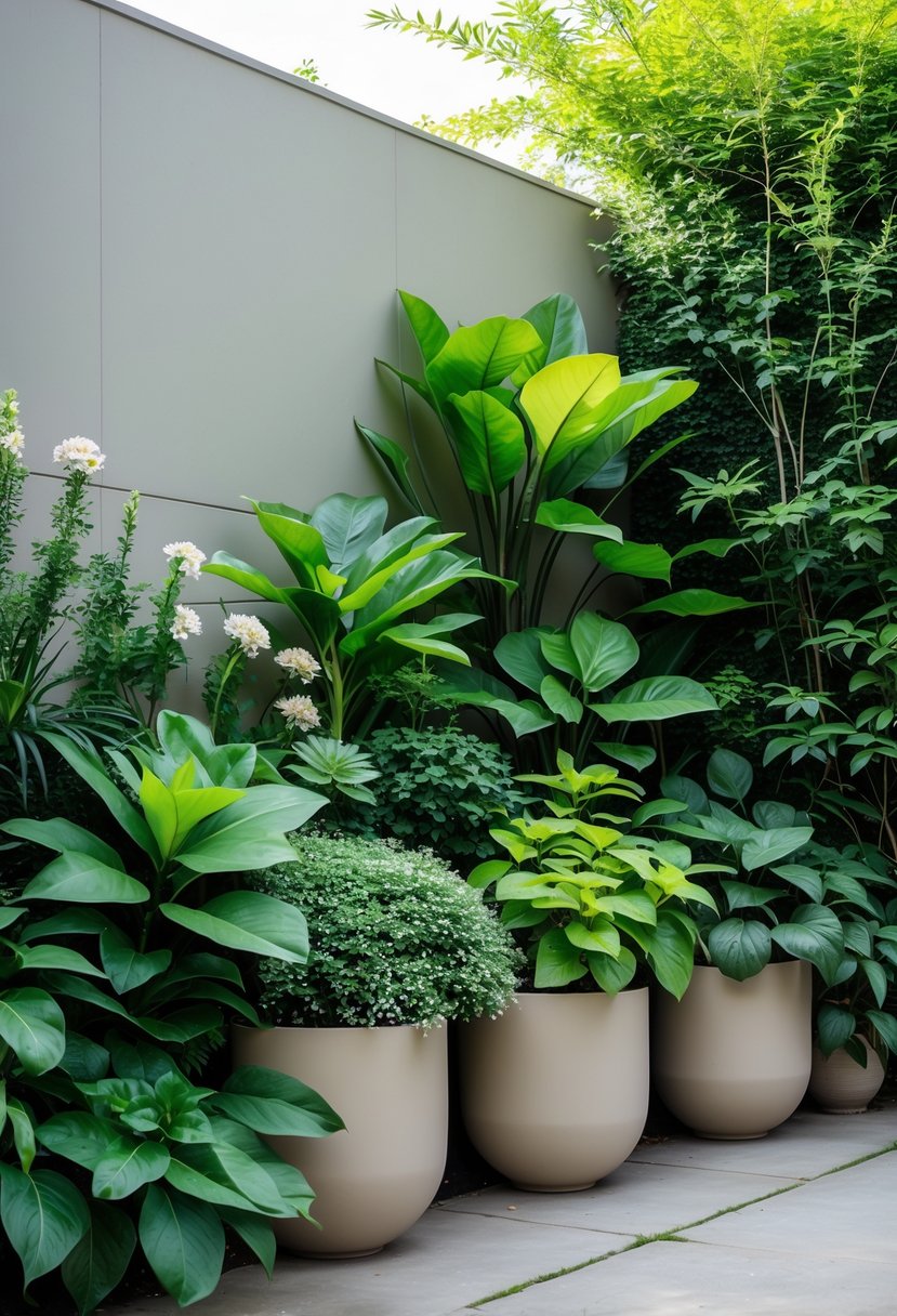 A garden with large potted plants placed in front of a wall, softening and hiding its base.