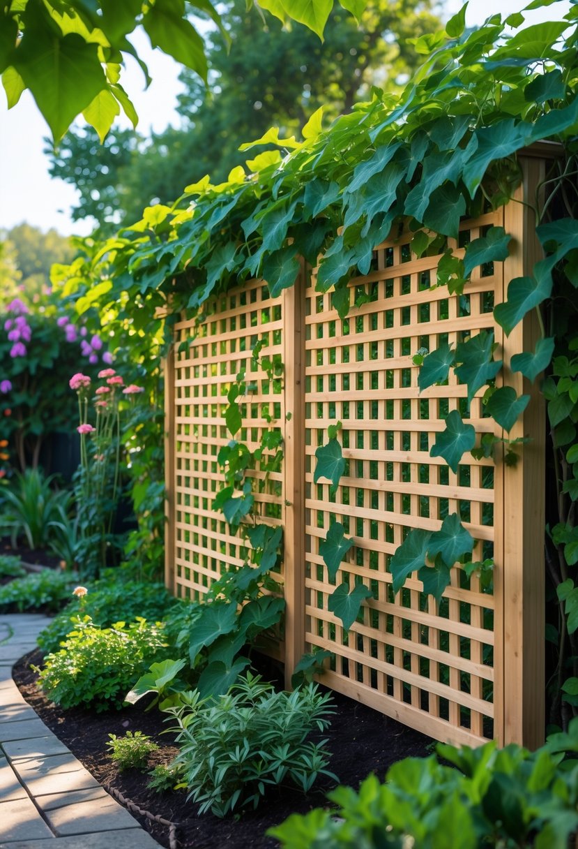 A wooden screen covered with green ivy in a garden surrounded by plants and flowers.