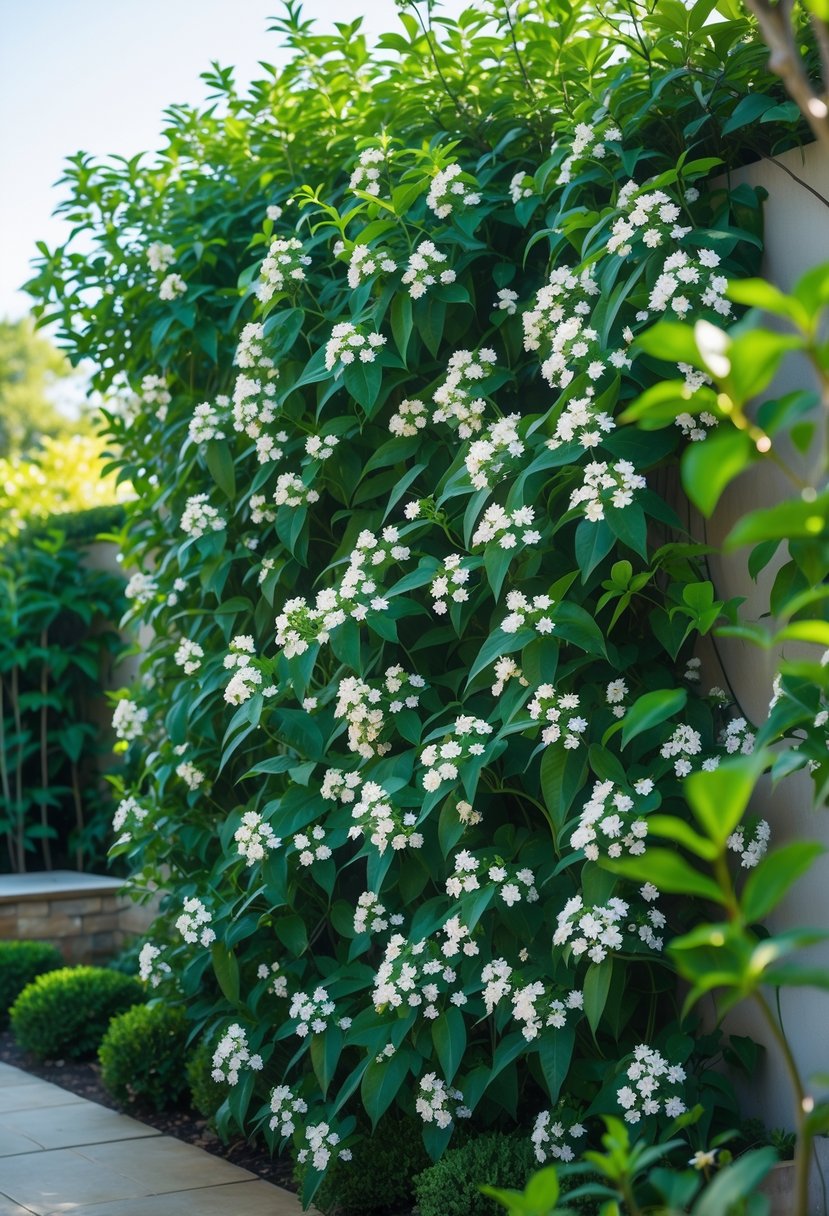 A garden wall covered densely with green star jasmine plants and white flowers in full bloom.
