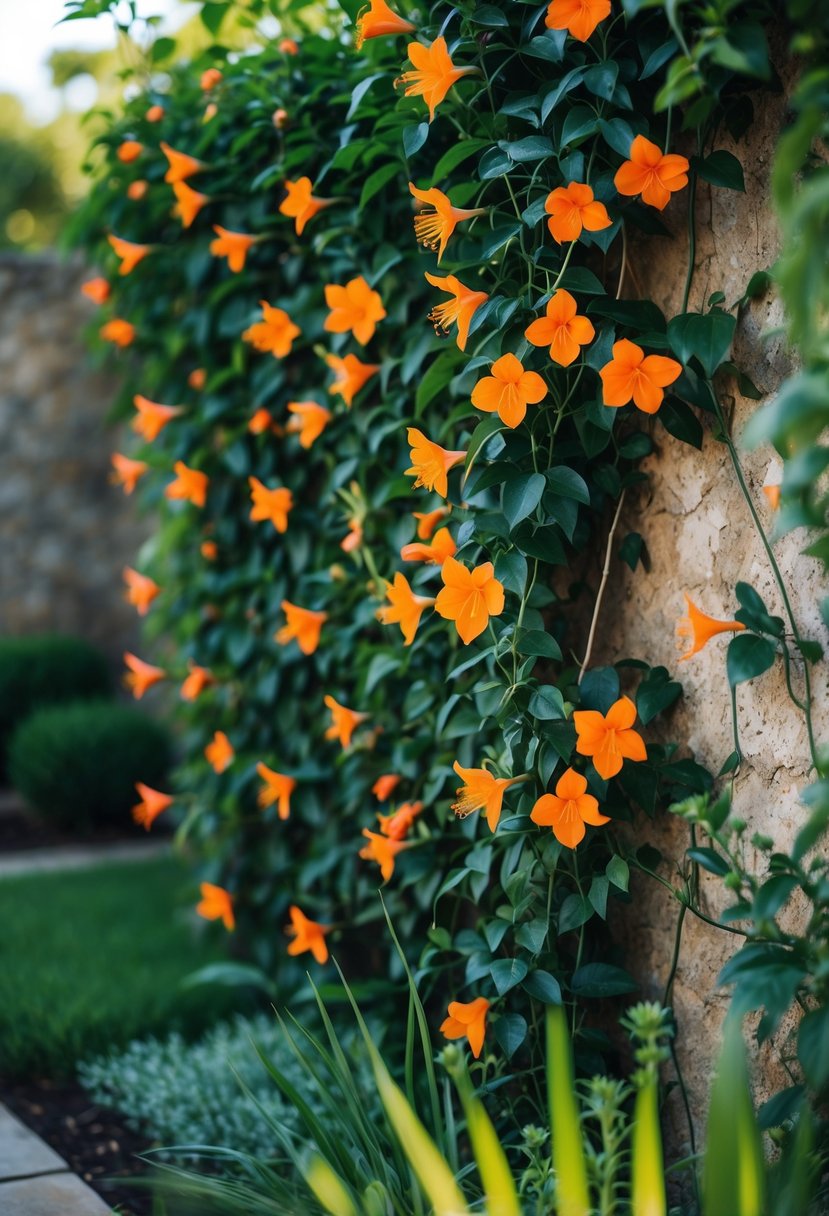 A garden wall covered with green trumpet creeper vines and bright orange trumpet-shaped flowers in full bloom.