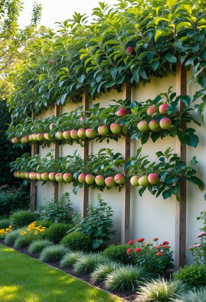 A garden with espaliered apple trees growing against a wall, surrounded by flowering plants and green grass.