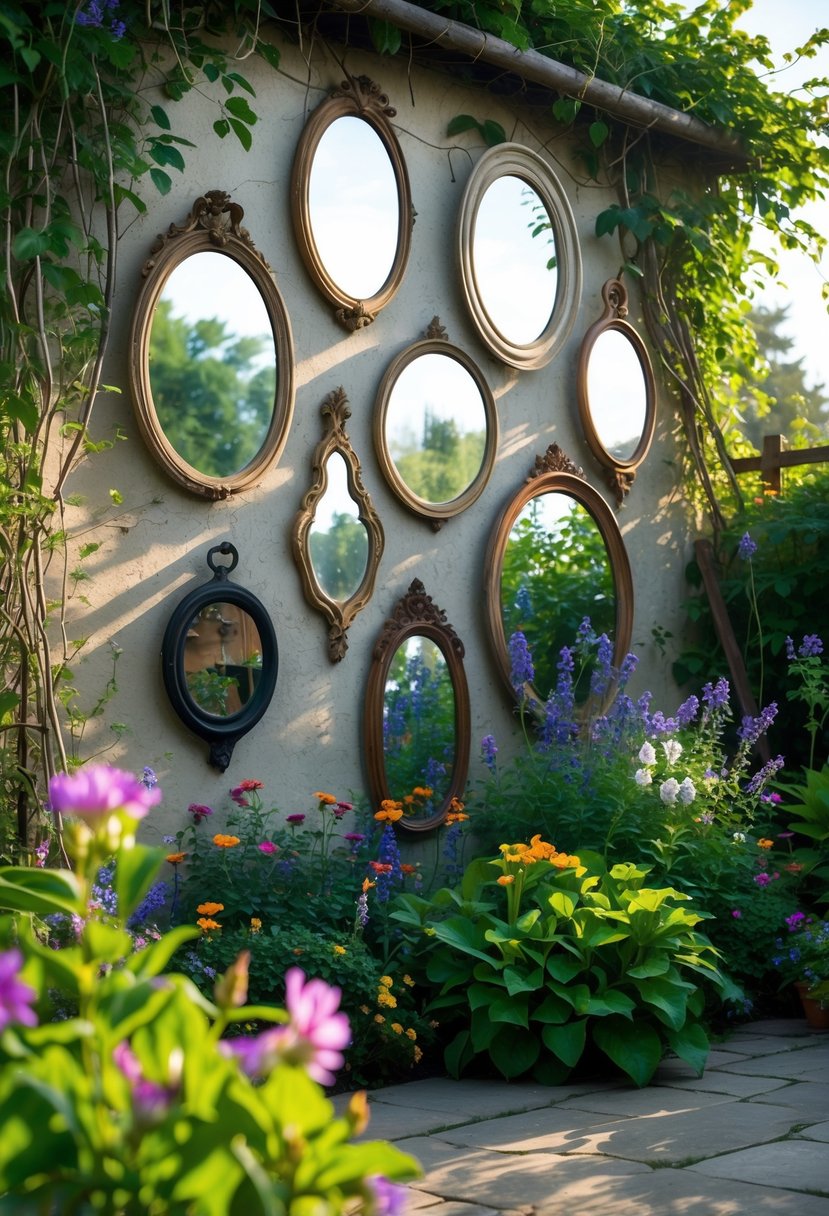 A garden wall decorated with vintage mirrors surrounded by green plants and colorful flowers.