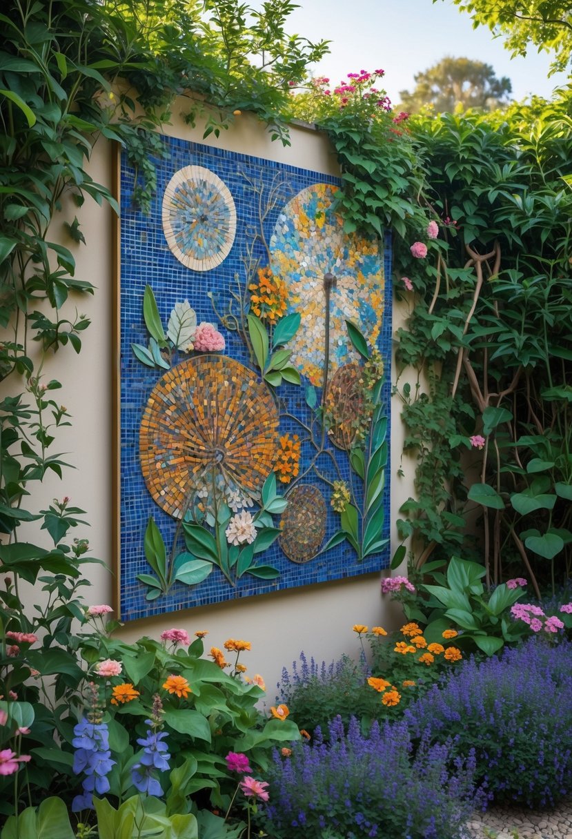 A garden with a colorful mosaic art piece on a wall surrounded by flowers and green plants.