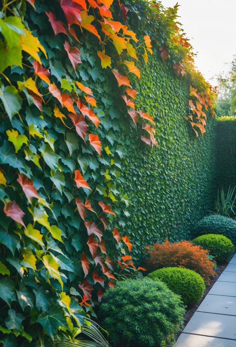 A garden wall covered densely with Boston ivy showing green, red, and orange leaves in seasonal colors, surrounded by shrubs and flowering plants.