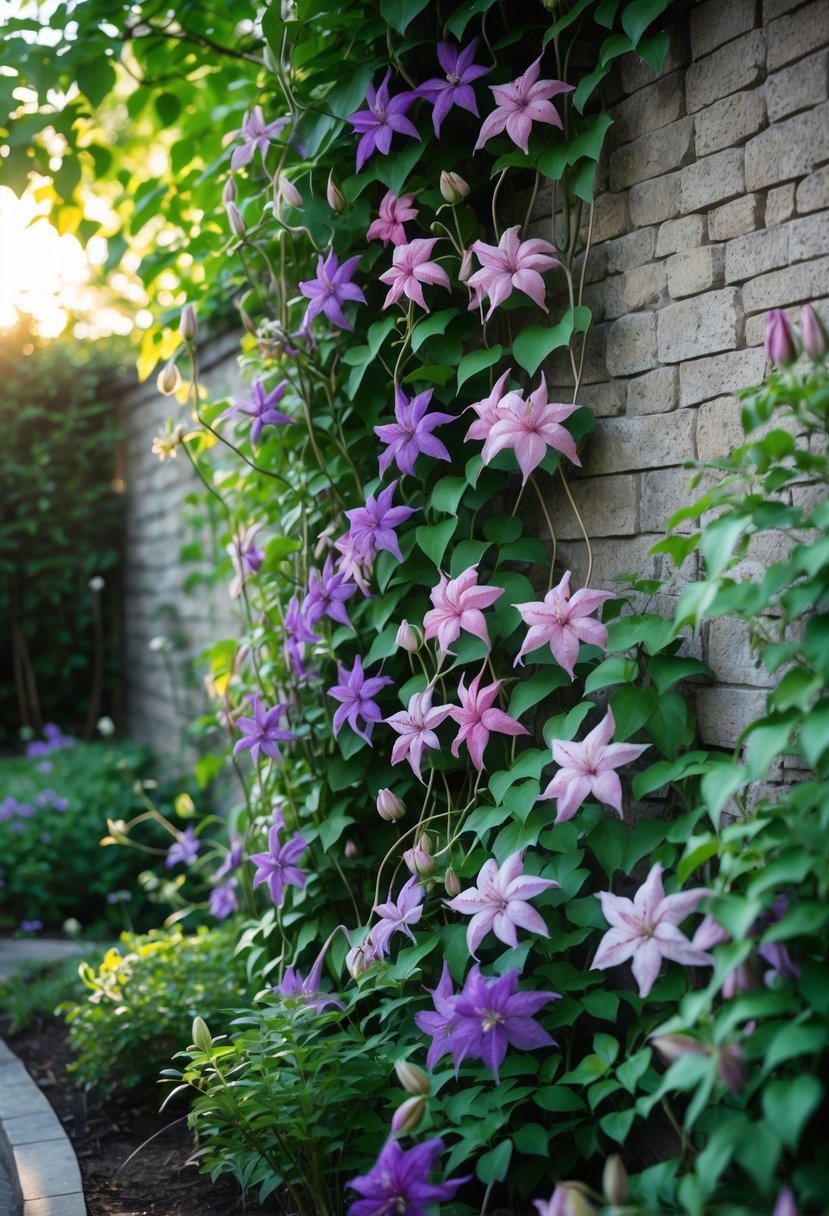 A garden wall partially covered by blooming clematis vines with purple, pink, and white flowers surrounded by green foliage.