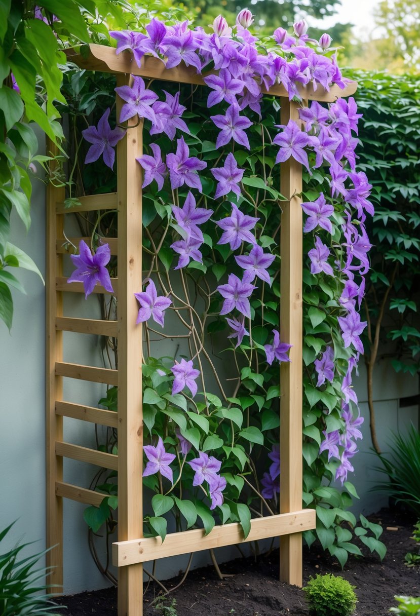 Wooden trellis covered with blooming clematis vines hiding a garden wall.