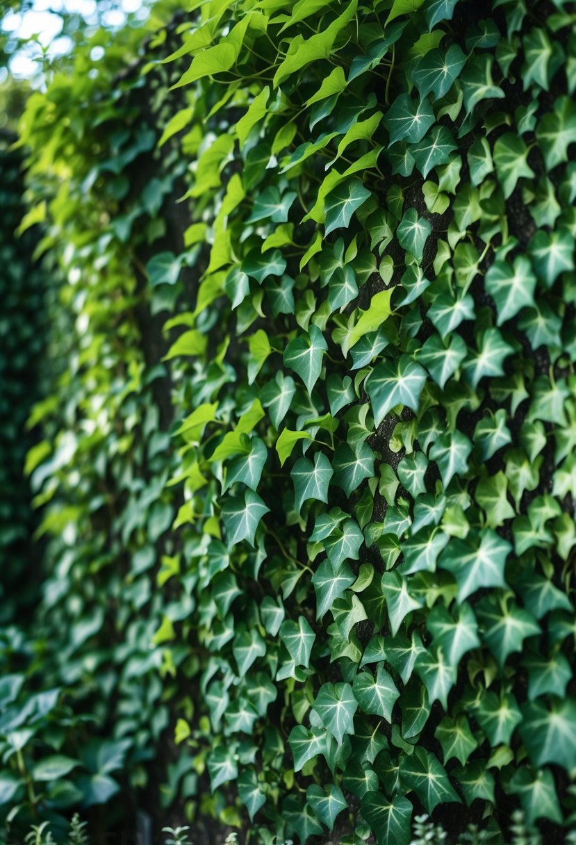 A garden wall fully covered with dense, green English ivy leaves.