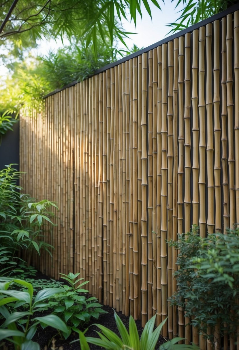 A garden wall covered with vertical bamboo panels surrounded by green plants and shrubs.