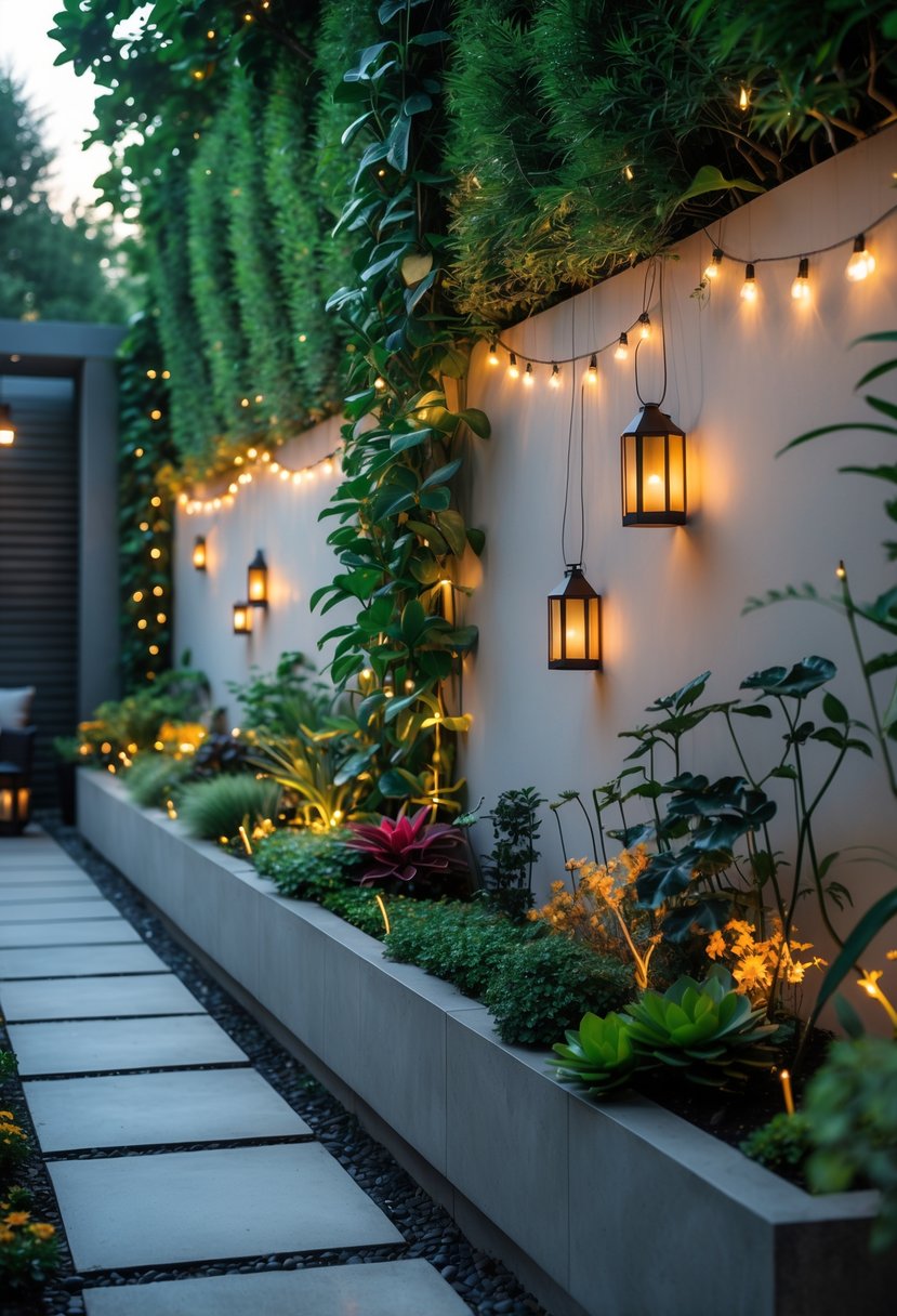 A modern garden with a wall covered in climbing plants and glowing fairy lights and lanterns creating a warm and inviting atmosphere.