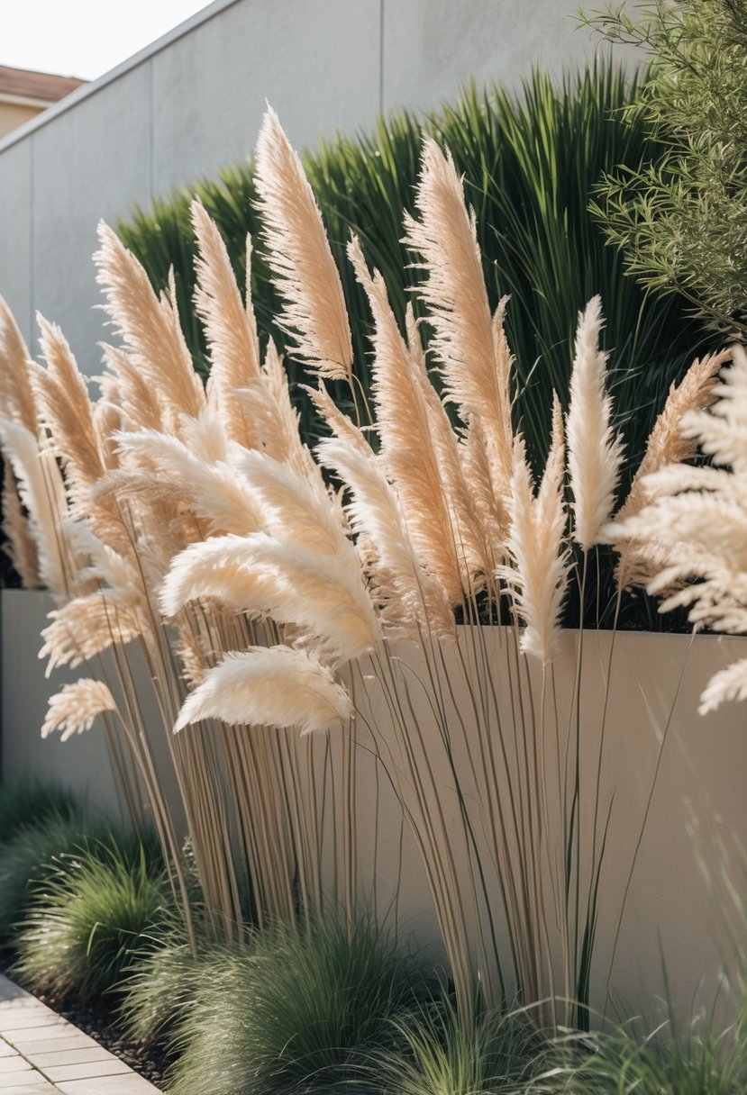 Tall pampas grasses planted densely in a garden, hiding a wall behind them.