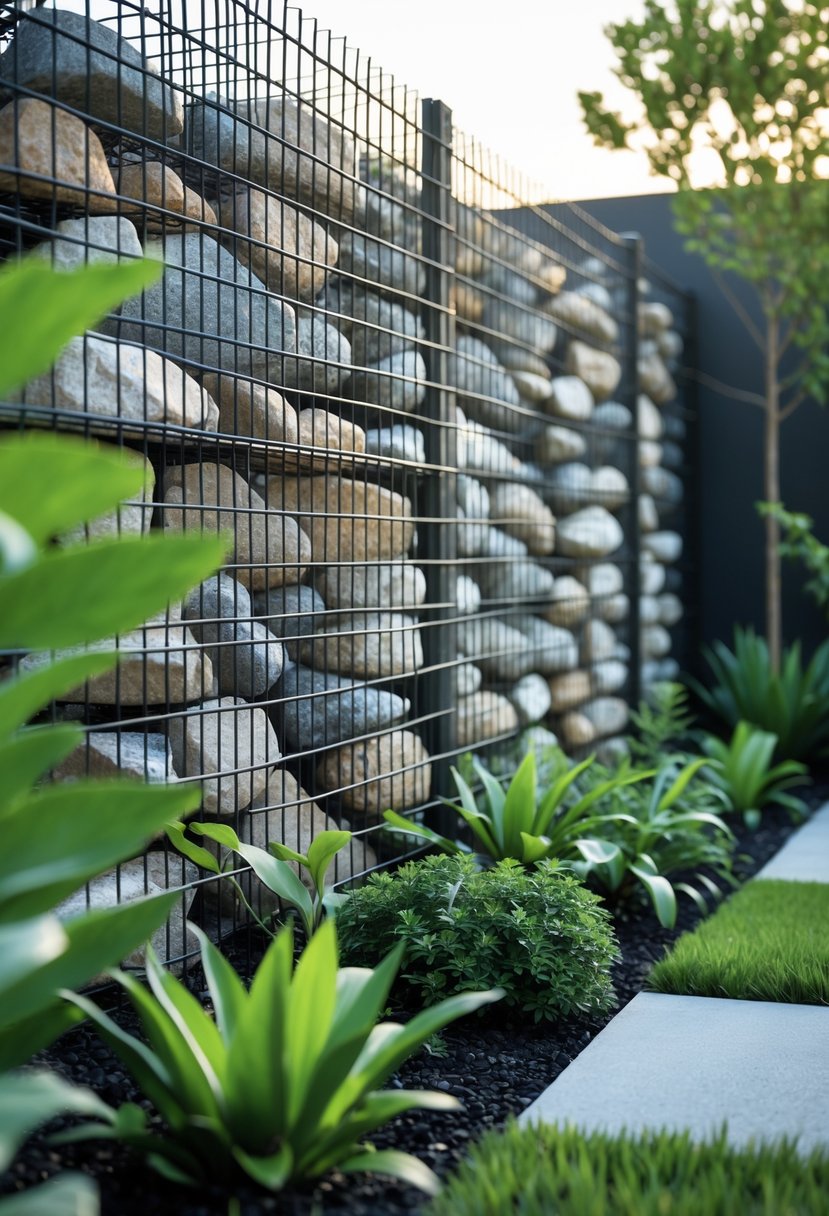 A modern gabion wall filled with stones in a garden, surrounded by green plants and grass.