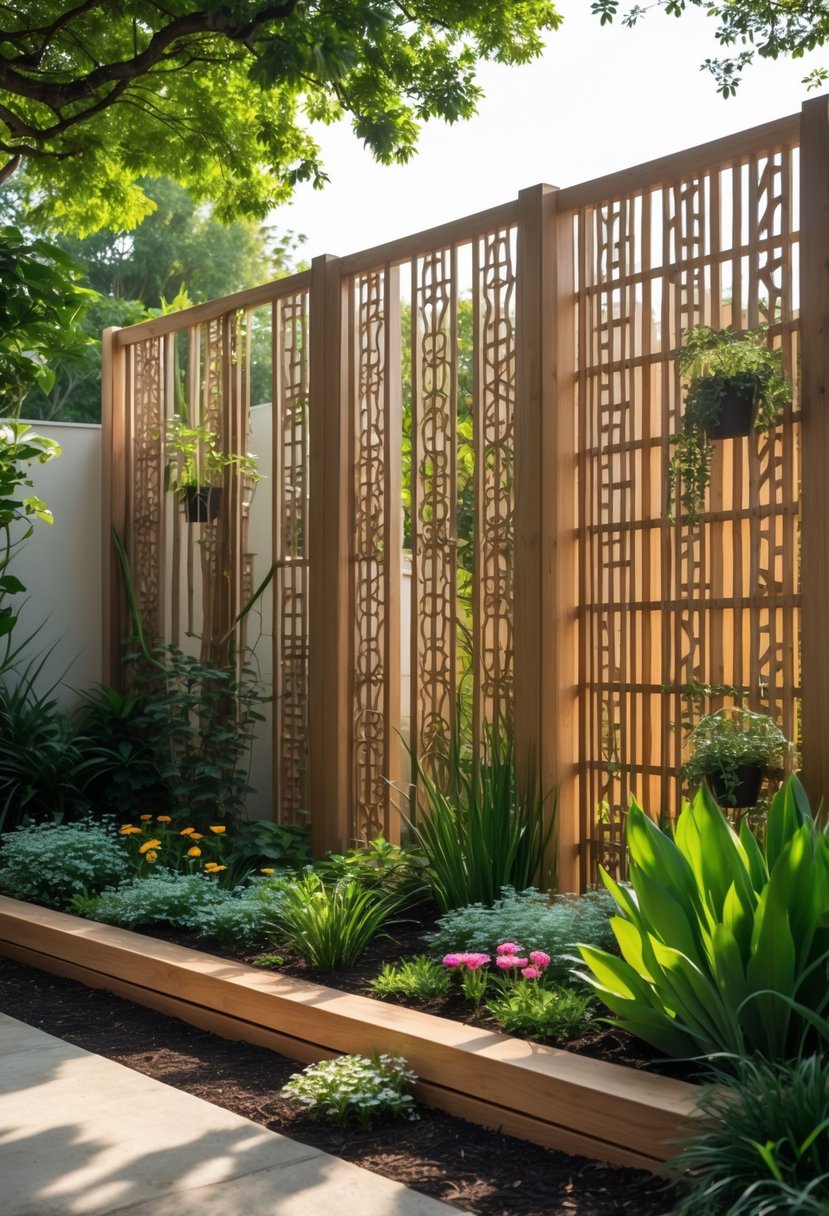 A garden with decorative wooden screens hiding a wall, surrounded by green plants and colorful flowers.