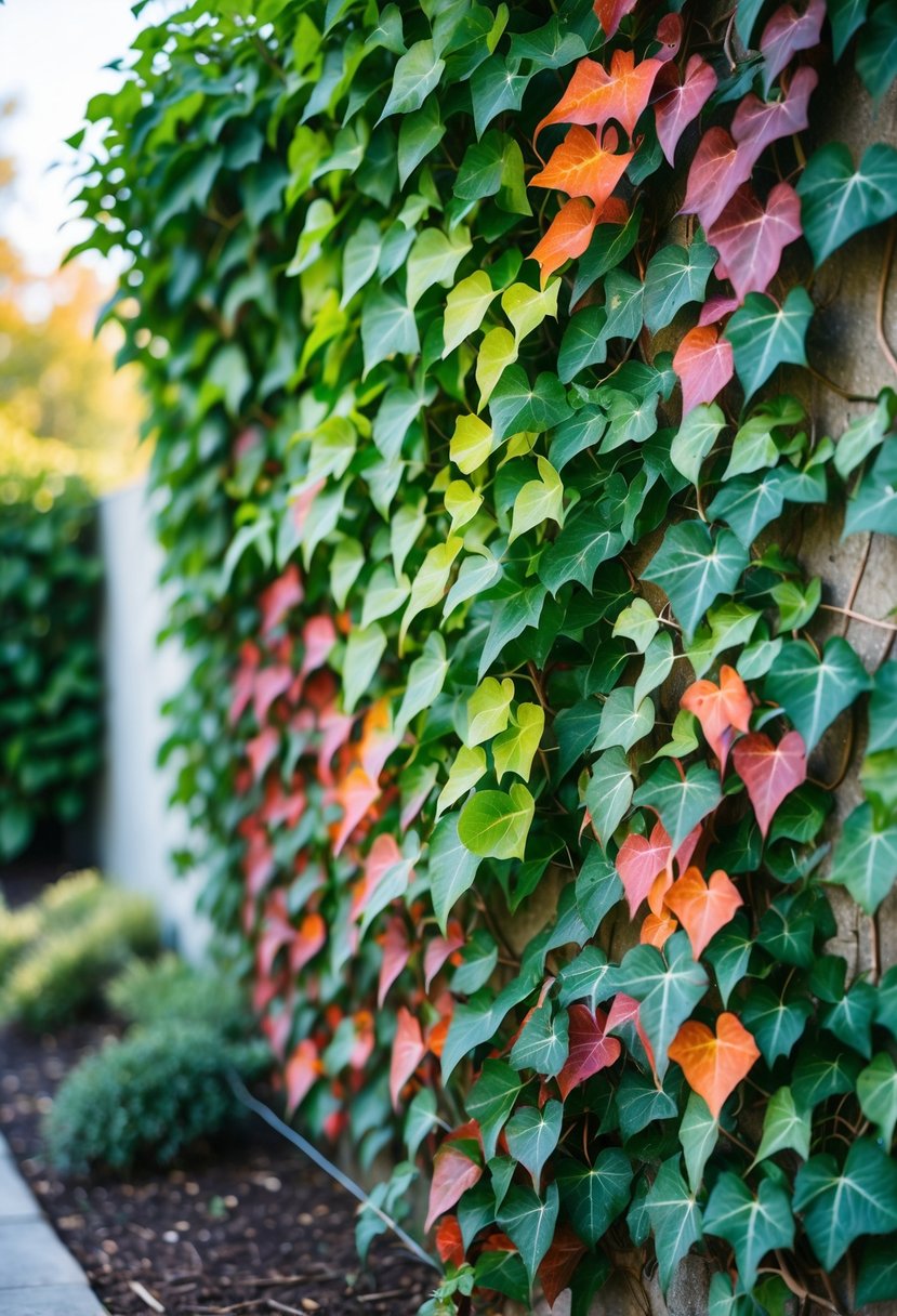 A dense Boston ivy plant growing over a wall with leaves showing green, red, and orange colors in a garden setting.