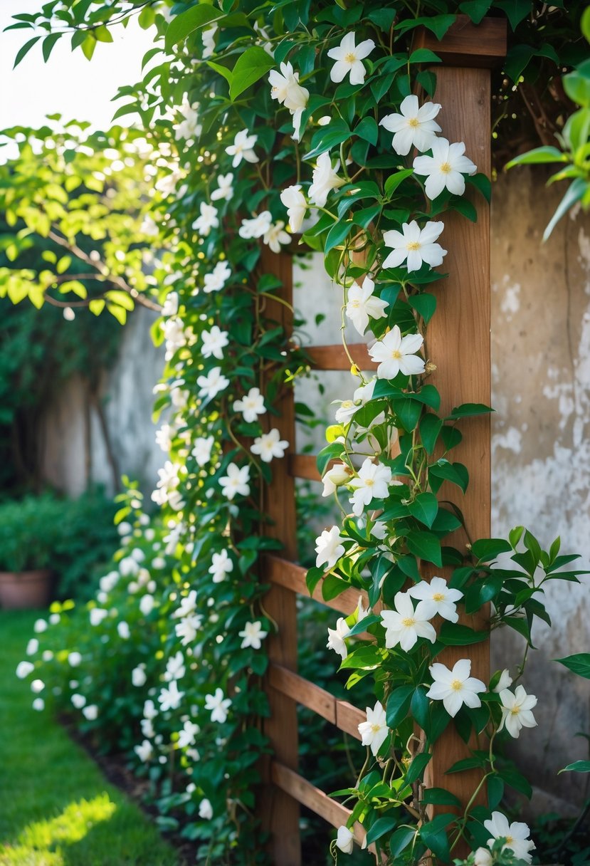 A wooden trellis covered with blooming white jasmine vines hiding a wall in a garden.