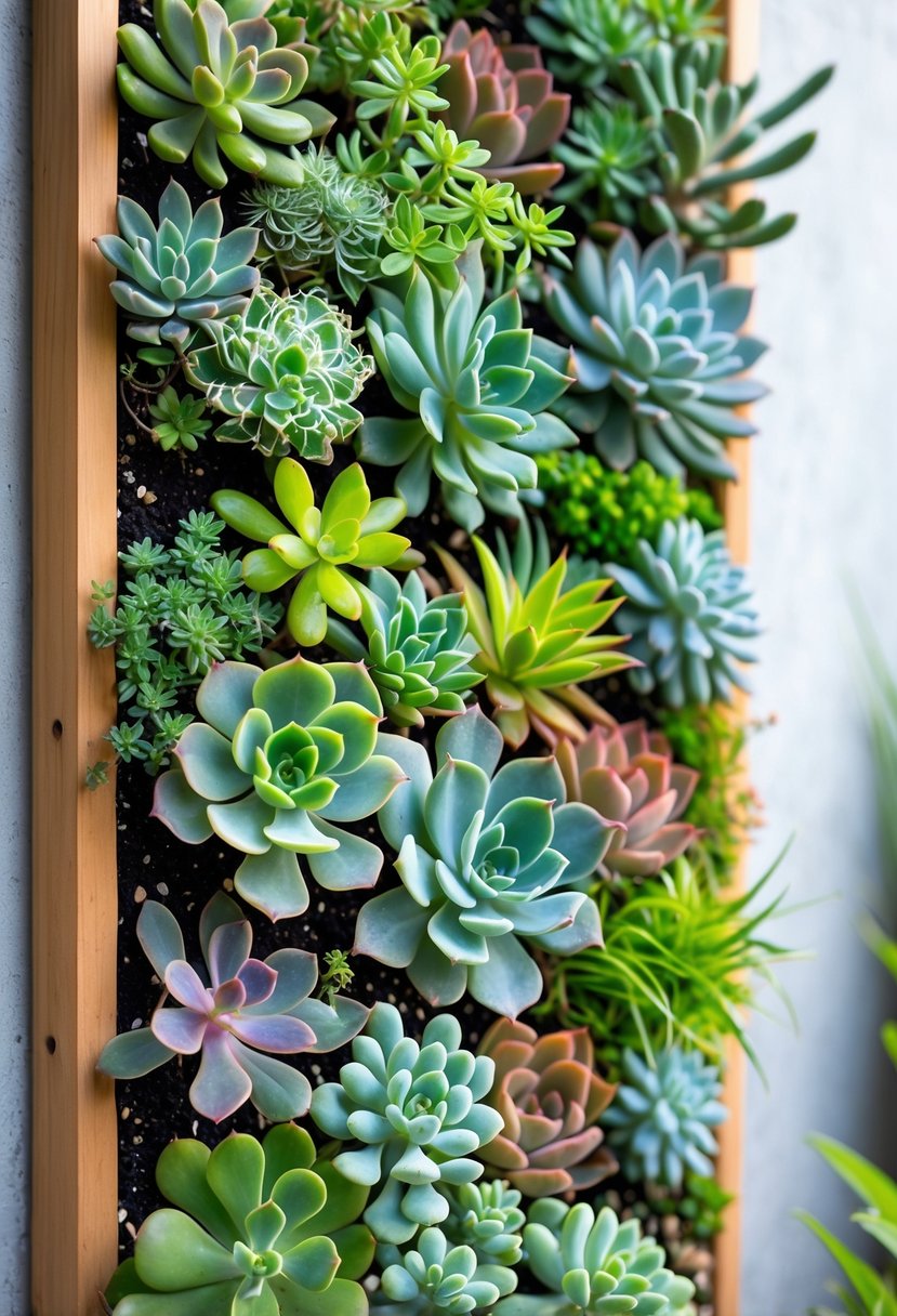 A vertical garden of various colorful succulent plants arranged on a wall to cover and decorate it.