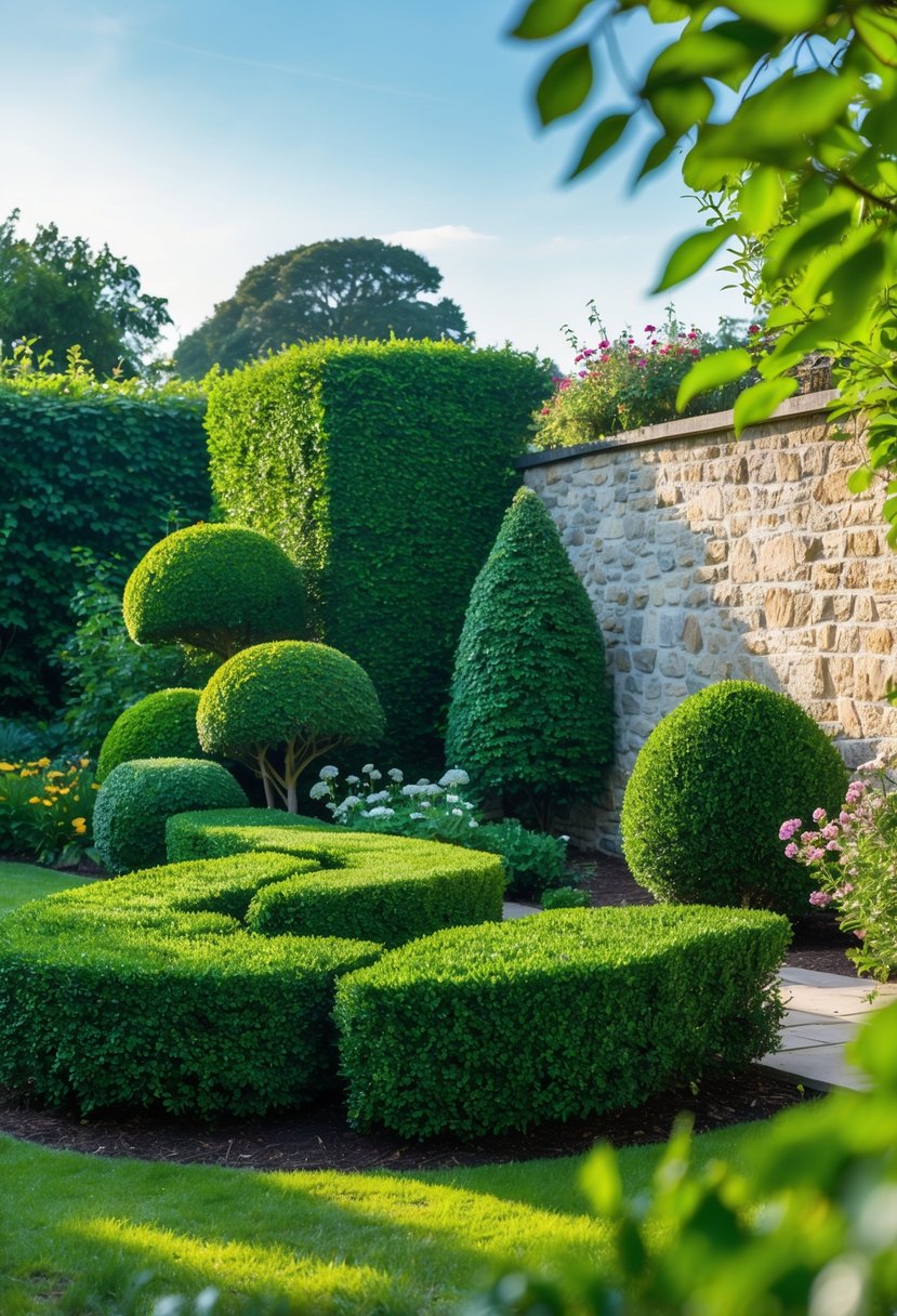 A dense hedge of green boxwood shrubs arranged to hide a stone wall in a sunny garden.