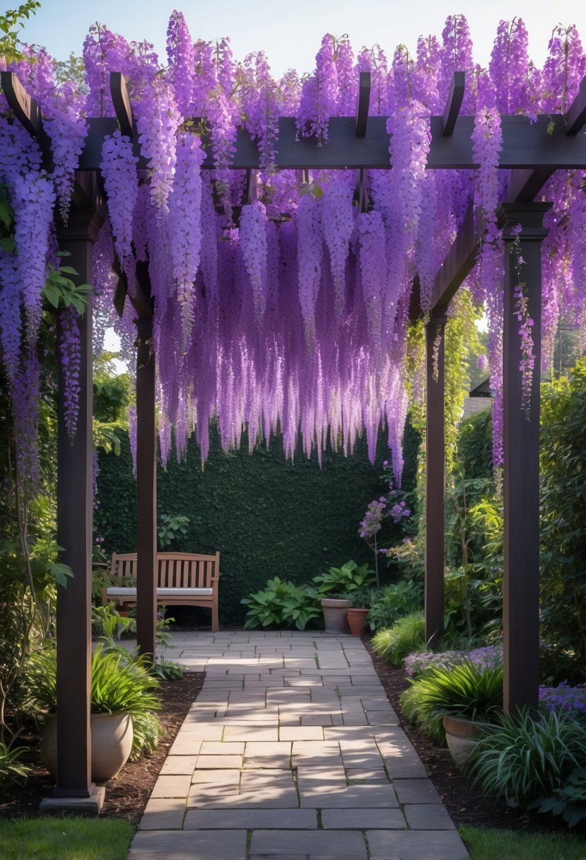 A pergola covered with purple wisteria flowers hiding a wall in a garden with greenery and a stone pathway.