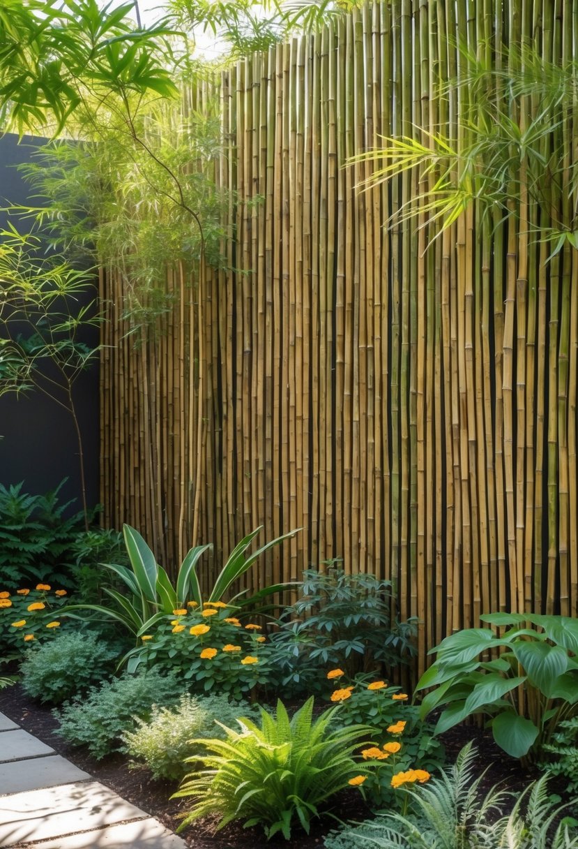 A garden with a tall bamboo privacy fence hiding a wall, surrounded by green plants and colorful flowers.