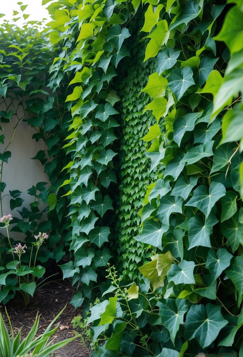 A dense growth of green ivy covering a garden wall surrounded by plants and sunlight.