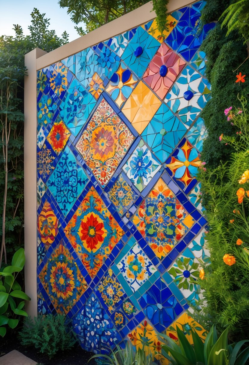 A garden wall covered with colorful ceramic tile mosaics surrounded by green plants and flowers.