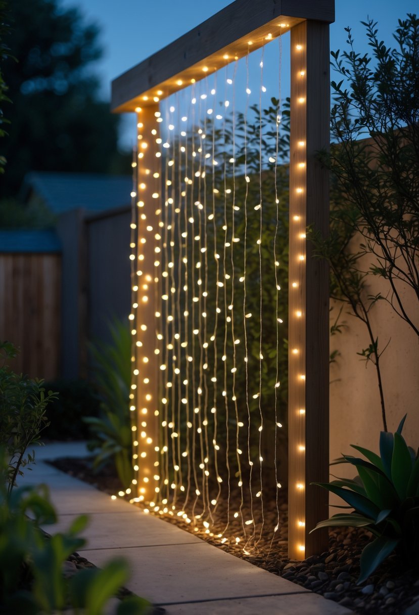 A garden with a curtain of warm fairy lights hanging to cover a wall, surrounded by green plants.