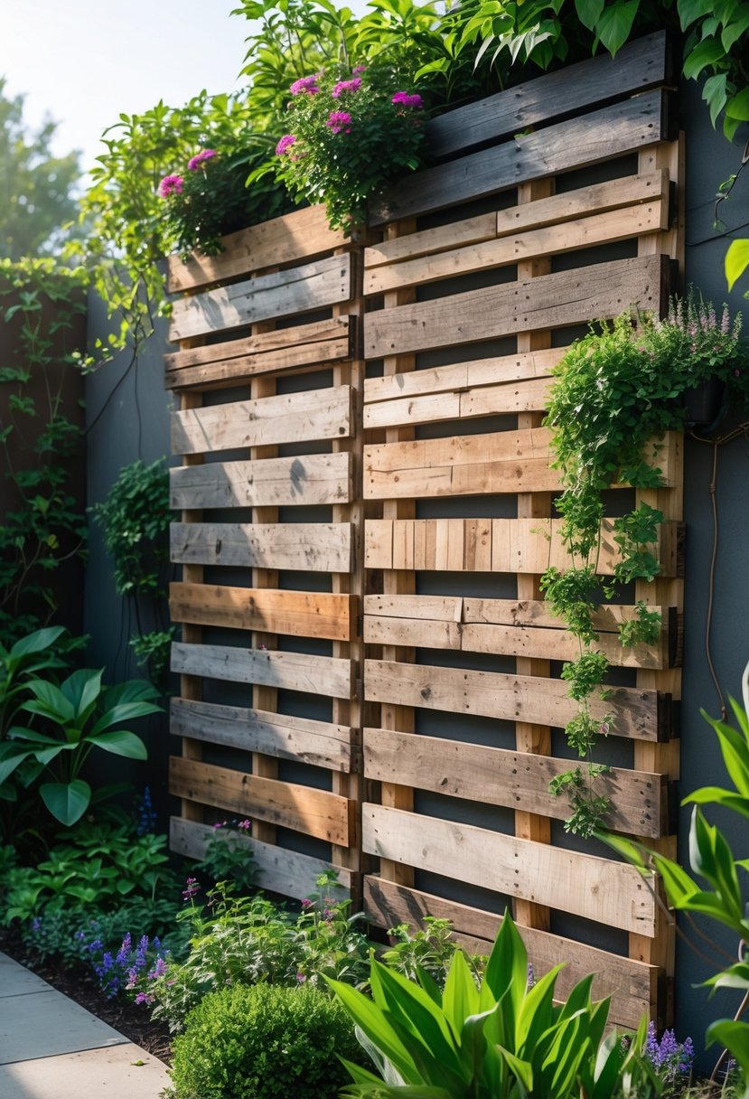 A garden wall covered with recycled pallet wood surrounded by green plants and flowers.
