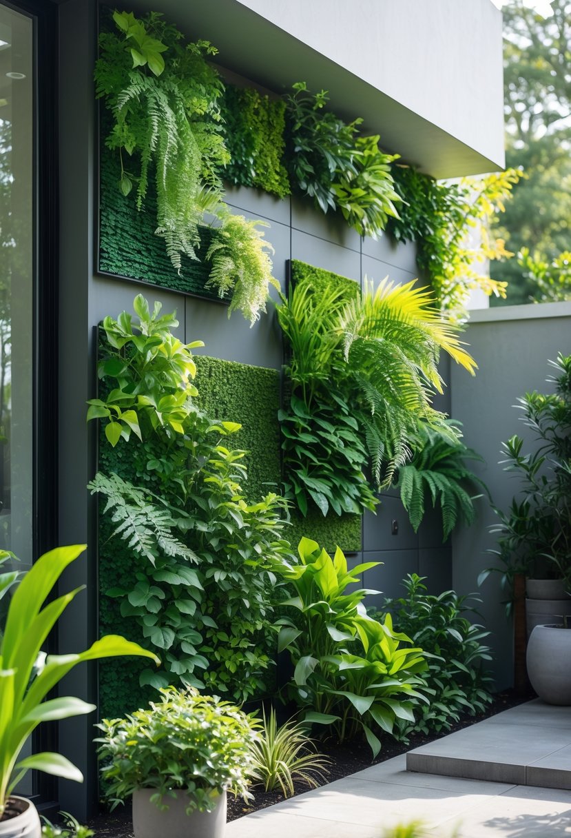 A garden with artificial green wall panels covering a plain wall surrounded by plants and stone flooring.