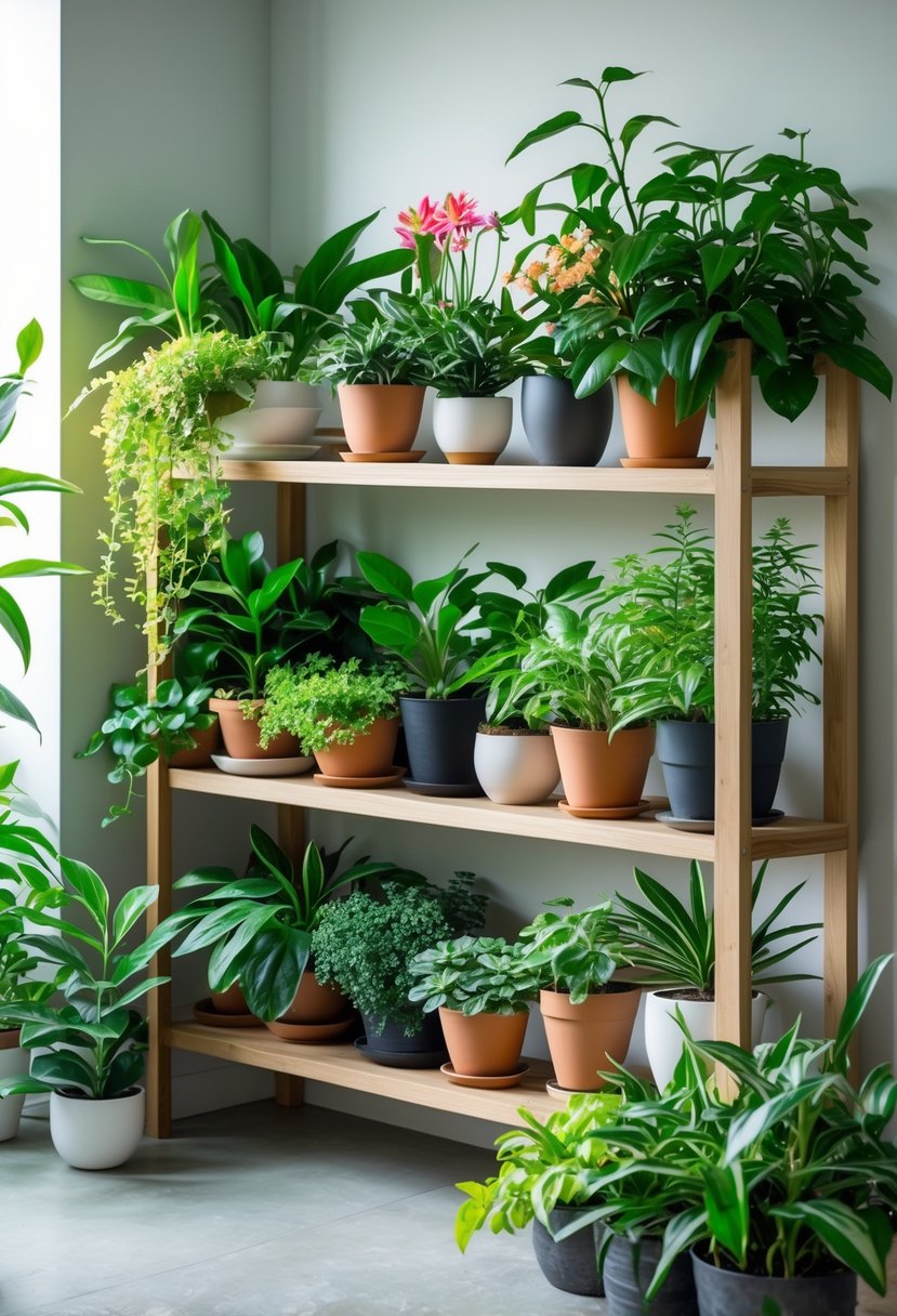 A wooden shelf filled with various potted plants arranged to cover a wall.