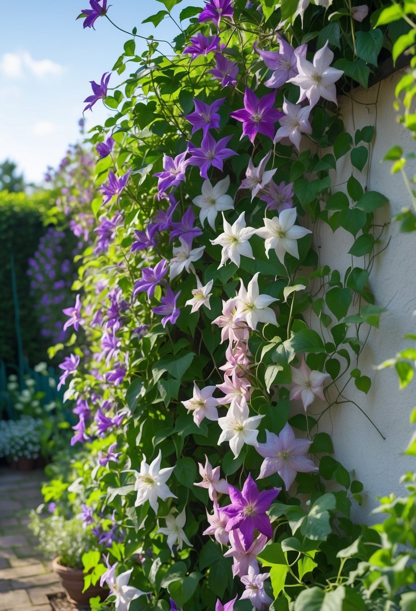 A garden wall covered with colorful climbing clematis flowers and green leaves under natural sunlight.