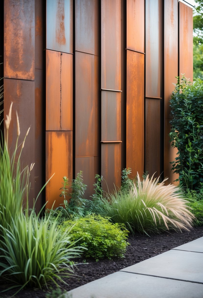 A garden with rust-colored steel panels used to hide a wall, surrounded by green plants and a stone pathway.