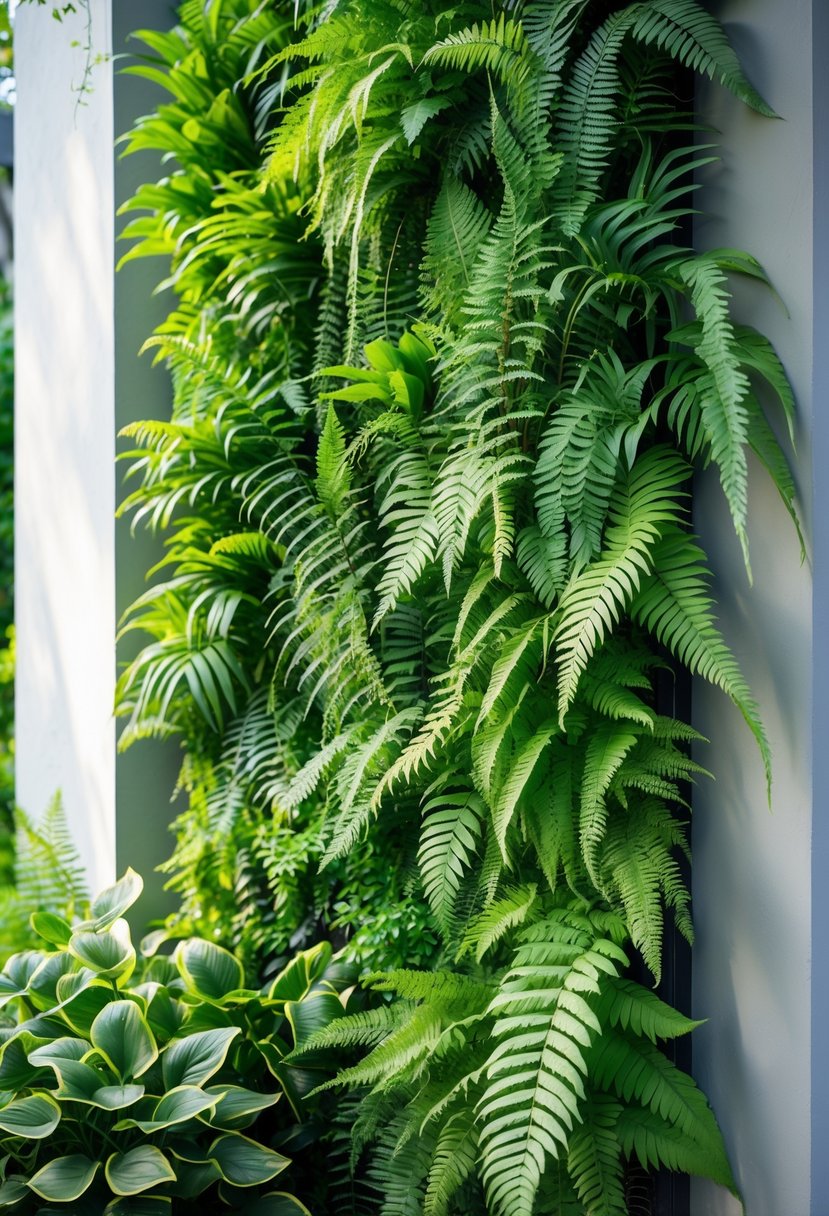 A vertical wall covered densely with various green ferns forming a lush living garden.