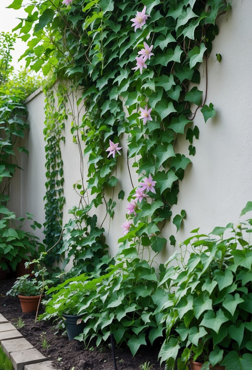 A garden wall covered with green ivy and blooming clematis plants, creating a natural leafy backdrop.