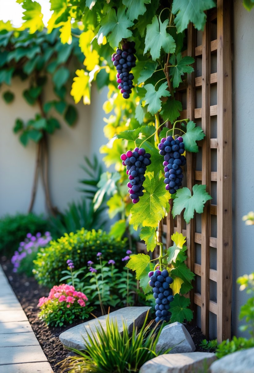 A garden with a wooden trellis covered by a lush grapevine hiding a wall, surrounded by flowering plants and shrubs.